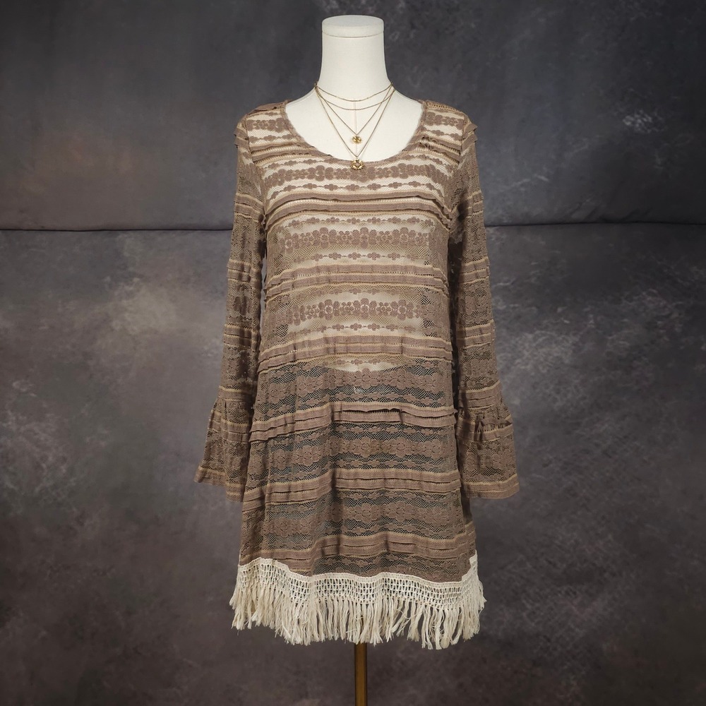 Camille & Co Sheer Lace Tunic Mini Dress Bell Sleeve Fringe Hem Boho Festival M